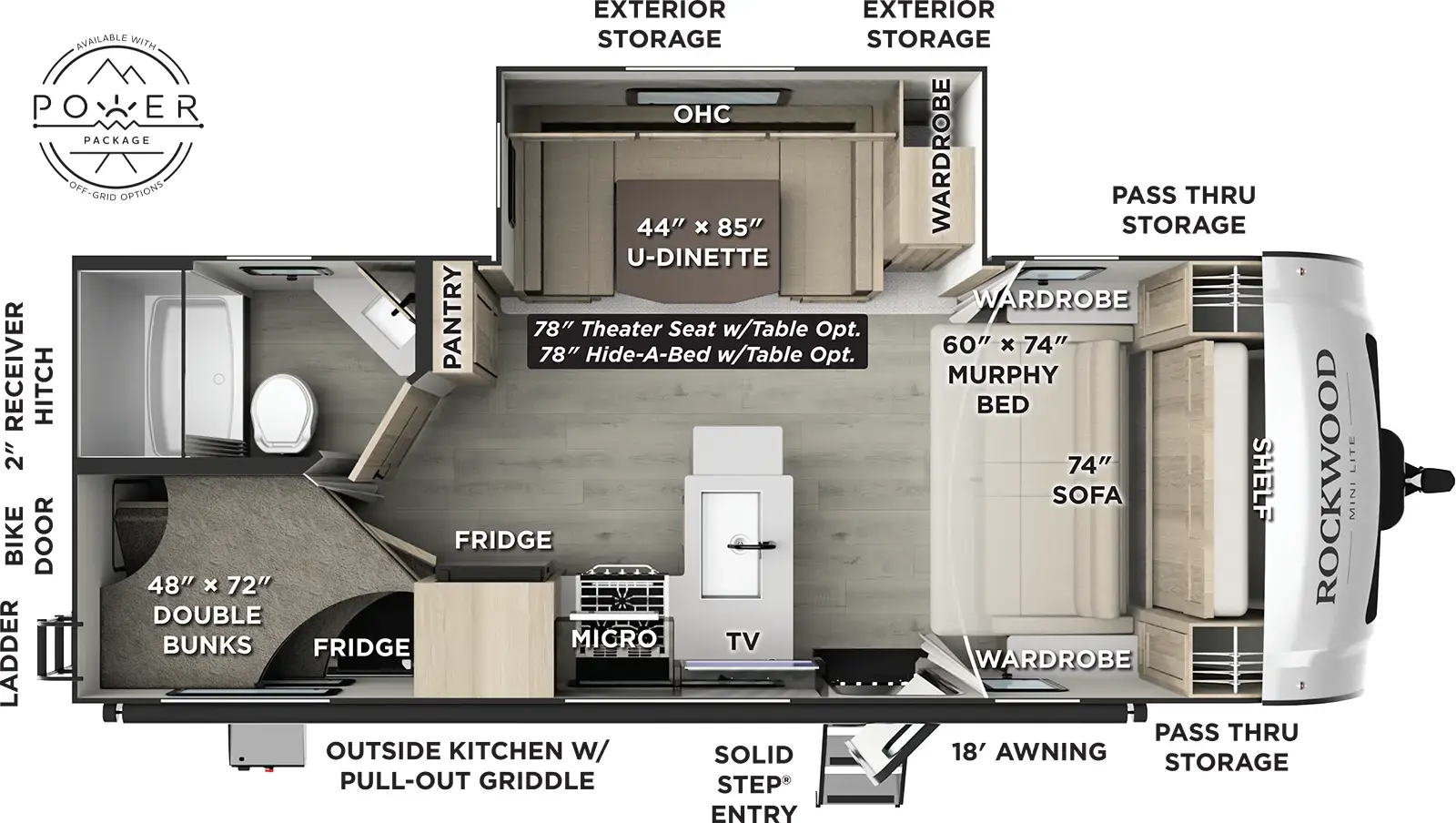 The Rockwood Mini Lite 2509S floorplan has one entry and one slide out. Exterior features include: fiberglass exterior, 18' awning and outside kitchen. Interiors features include: bunk beds, u-dinette and murphy bed.